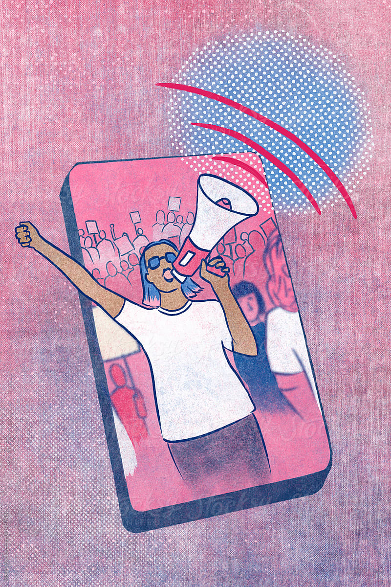 Protester on phone screen illustration