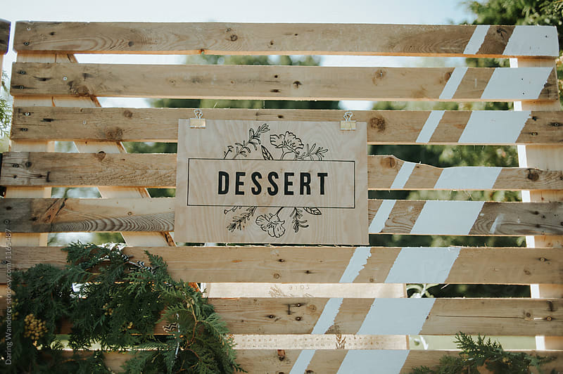 Handmade wood pallet dessert table sign for diy bohemian camp wedding