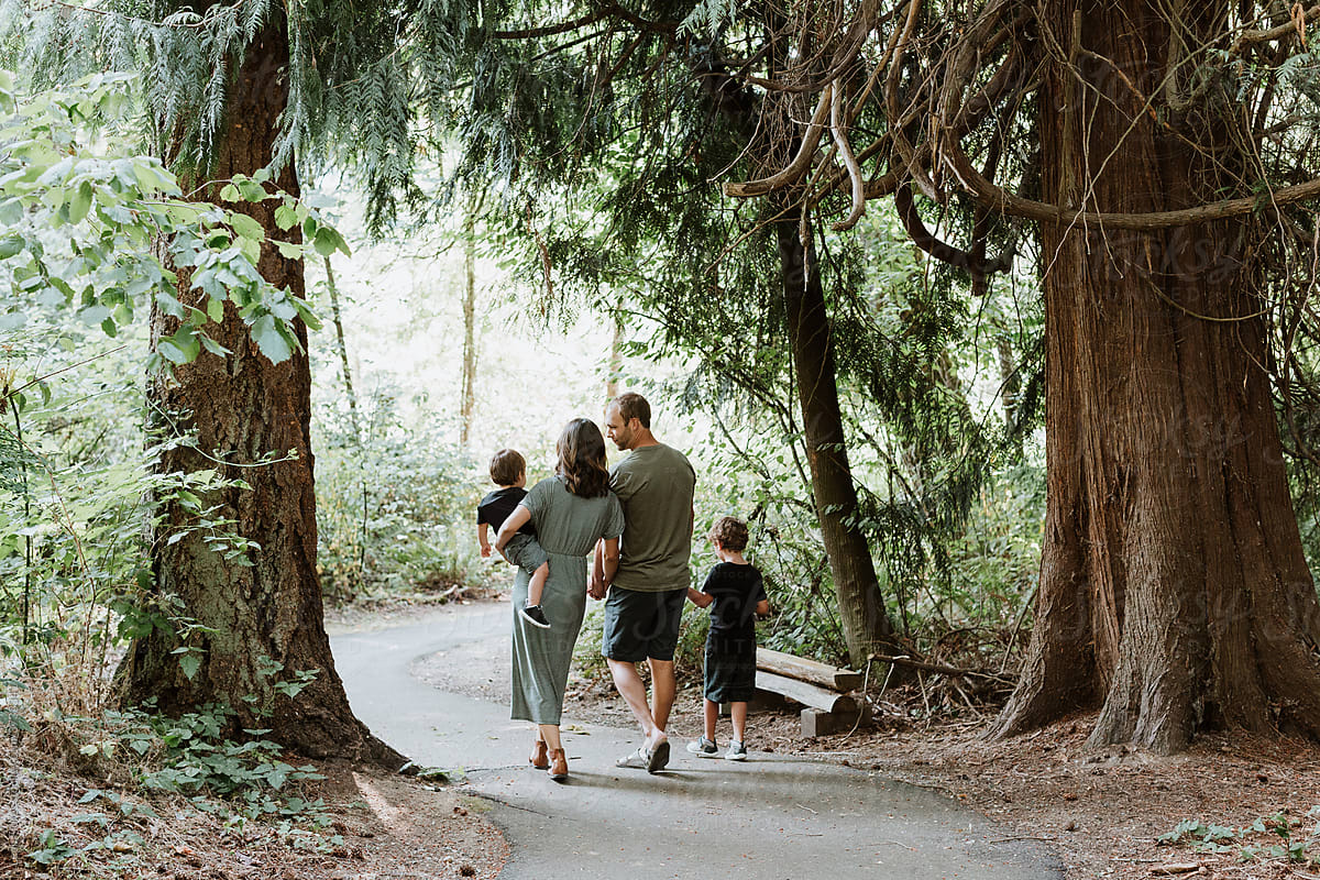 Family Walking Down Forested Path in Park