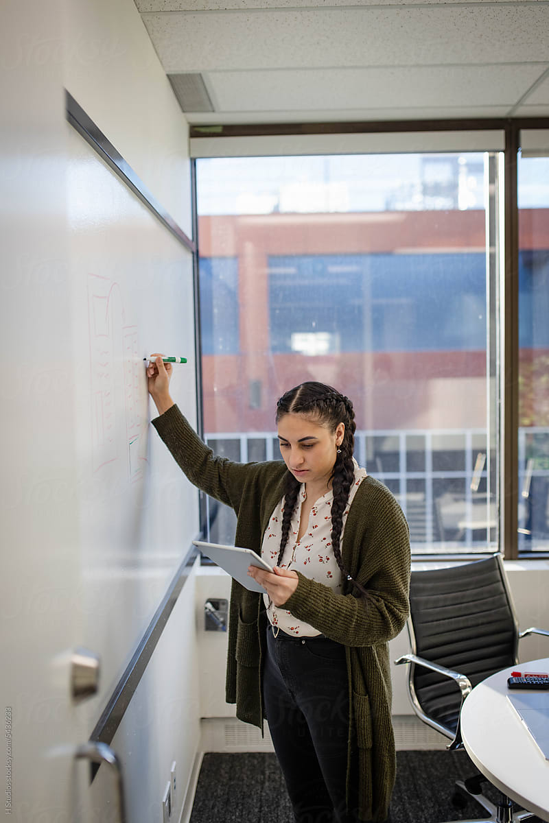 Young businesswoman with digital tablet planning at whiteboard