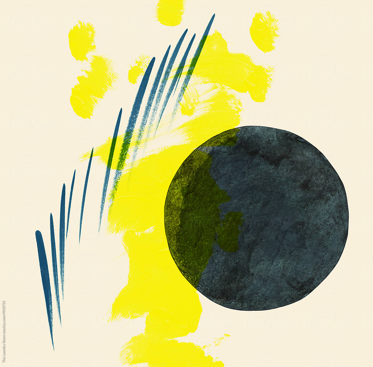 Abstract Circle with Yellow and Calligraphic Lines
