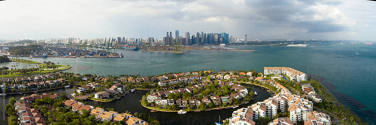 Aerial of the Singapore Skyline from Sentosa Island