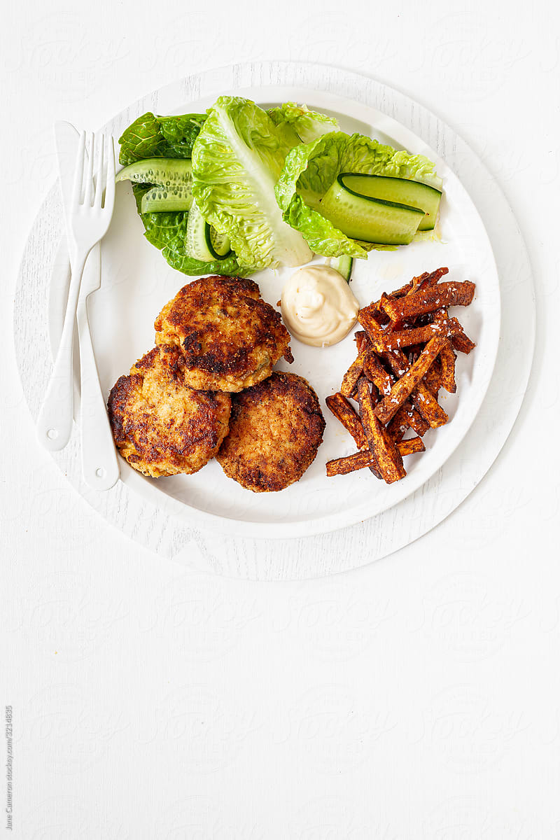 Chicken Patties with Sweet Potato Fries and Salad