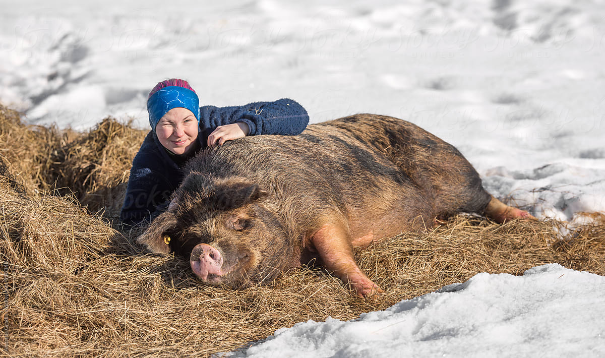 Female farmer with her pigs on a winter farm