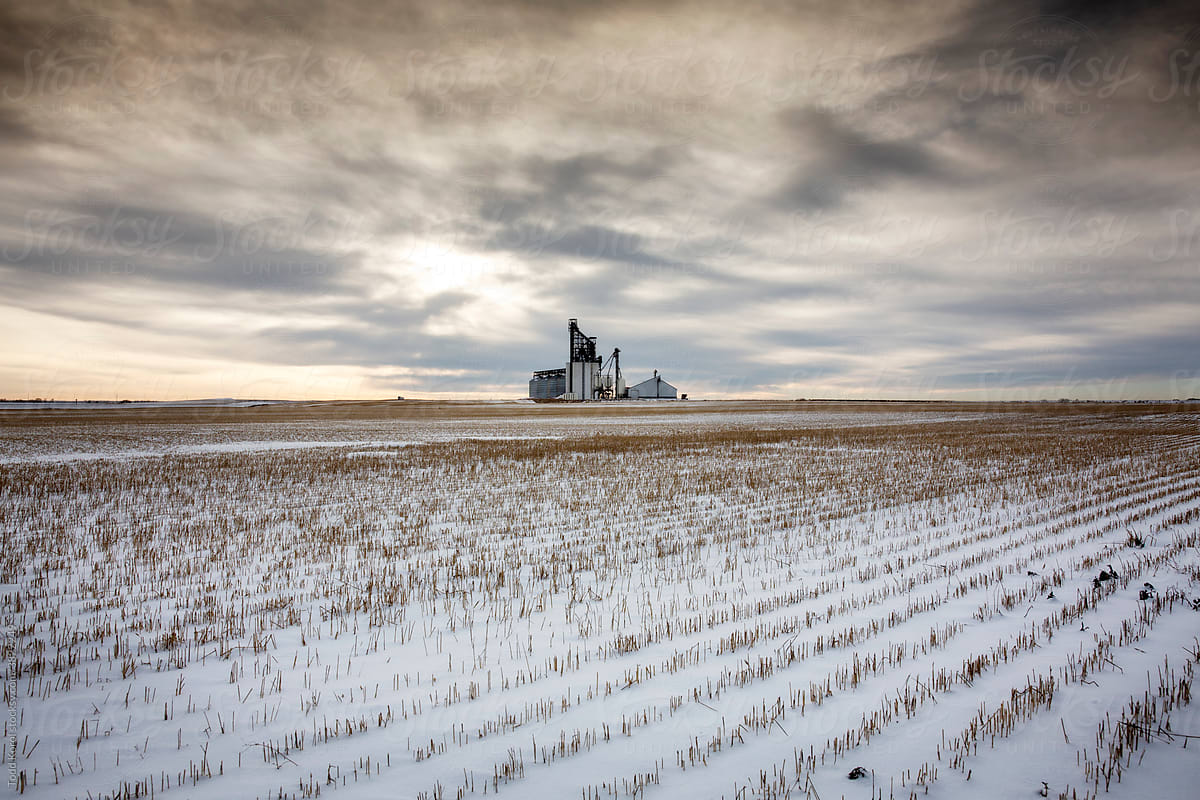 A grain elevator near a frozen farmer's field on the snowy prairies.