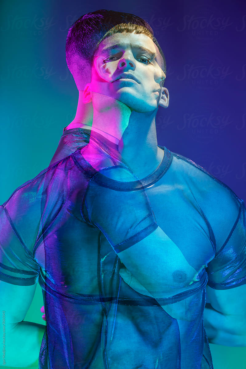futuristic portrait under  the neon and black light double exposure