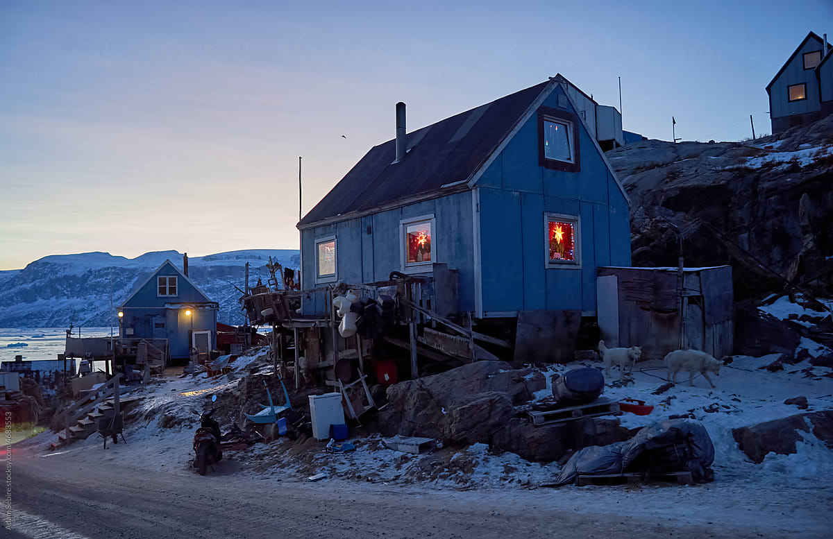 Danish colonial style Inuit house architecture & sled dogs, Greenland
