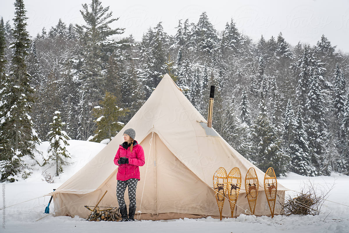 Canvas Tent with Winter Wilderness Landscape