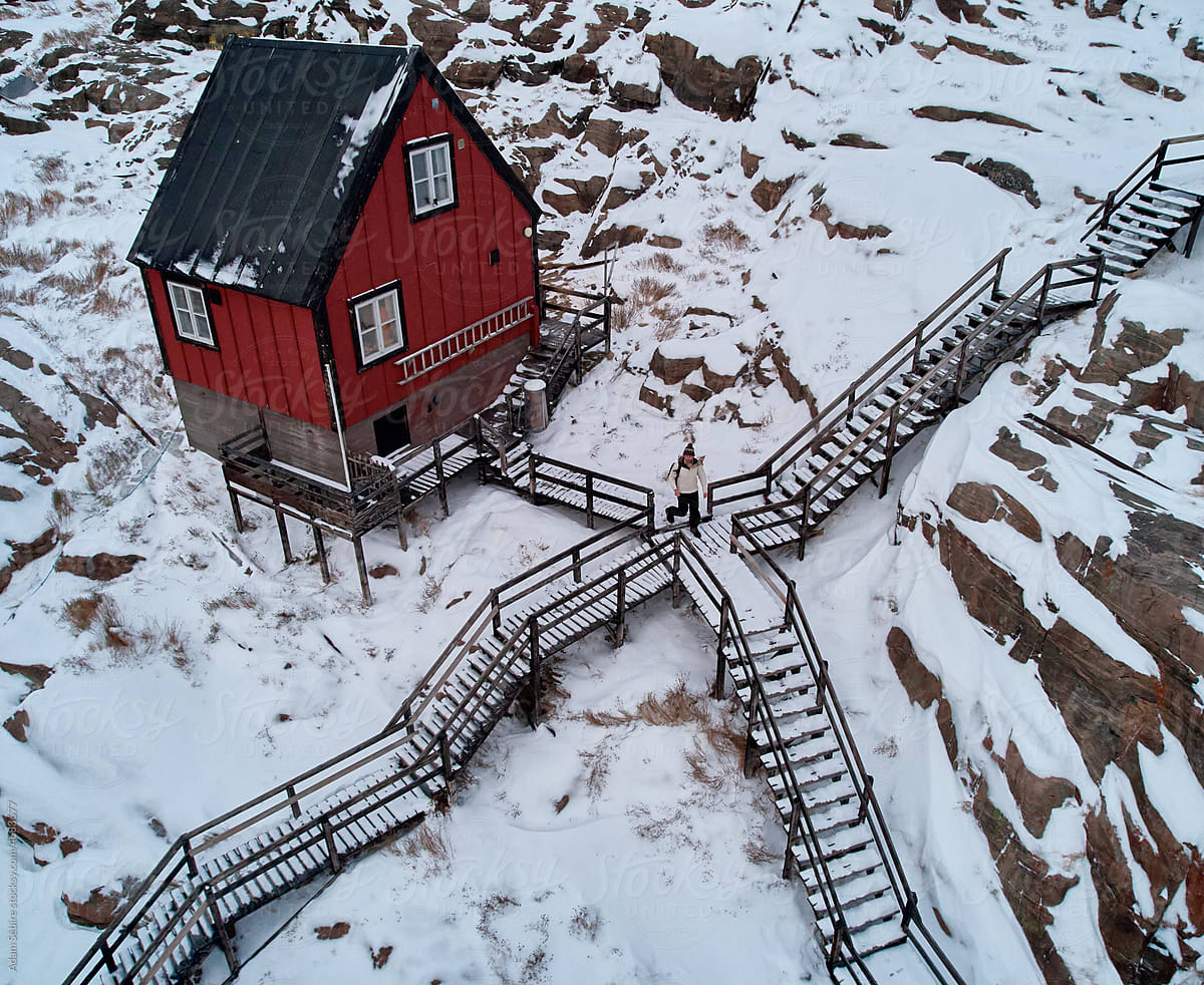 Greenland Arctic, cute red tiny house, Escher stairs steps, crossroads