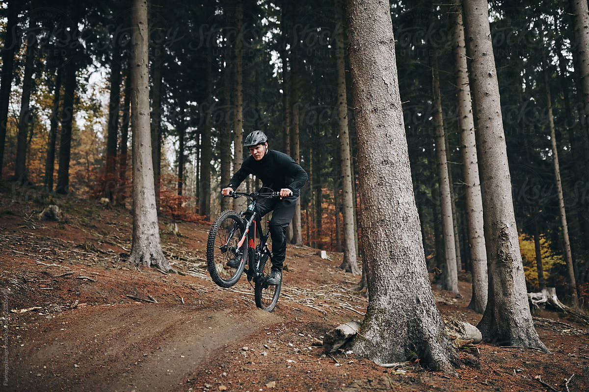 Mountain biker jumping his bike on a forest trail