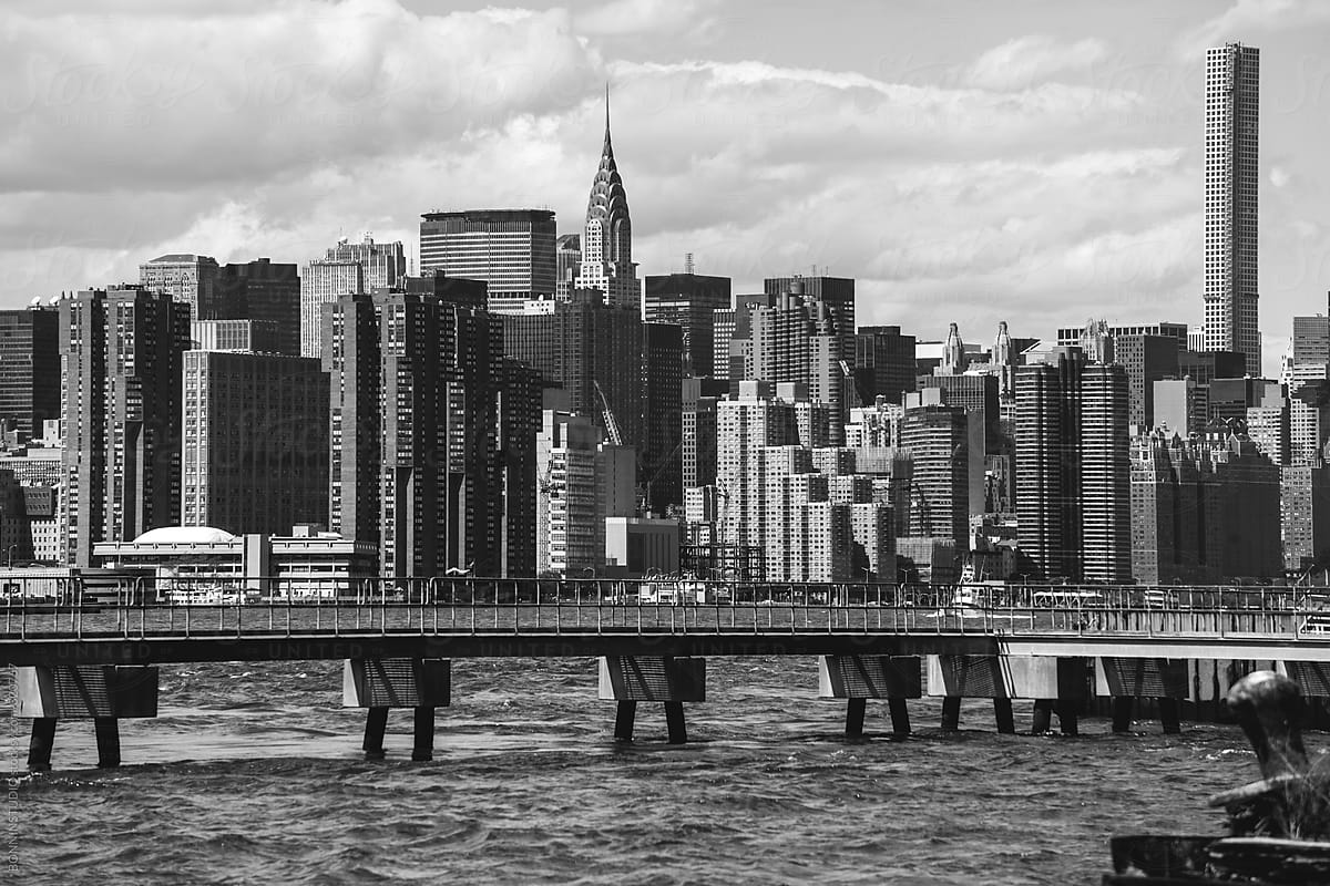 View of Manhattan from Brooklyn. Black and white.