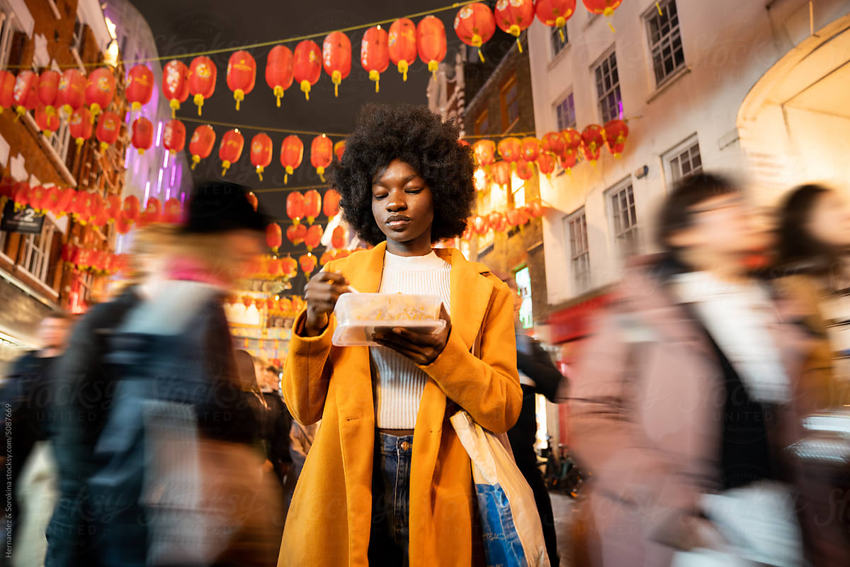 Woman Holding Food Box In London Chinatown