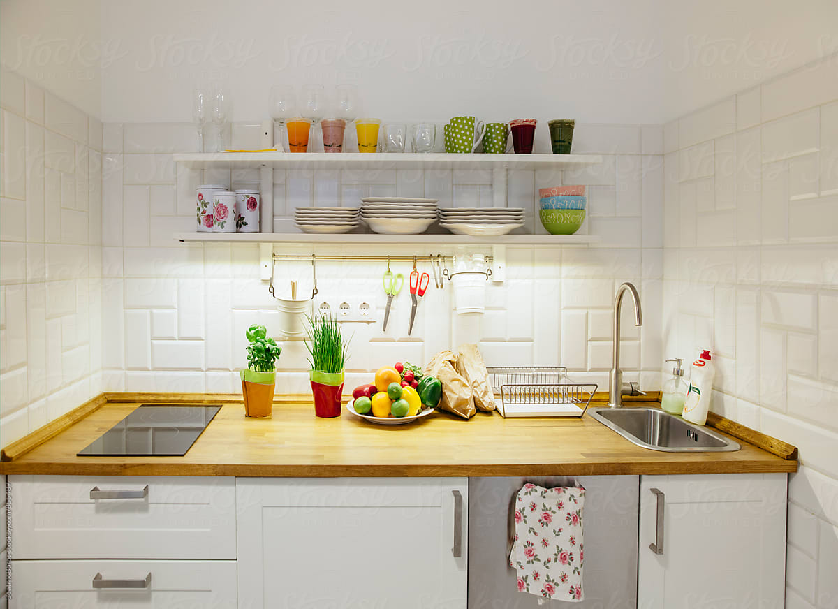 Small kitchen with healthy food on the counter