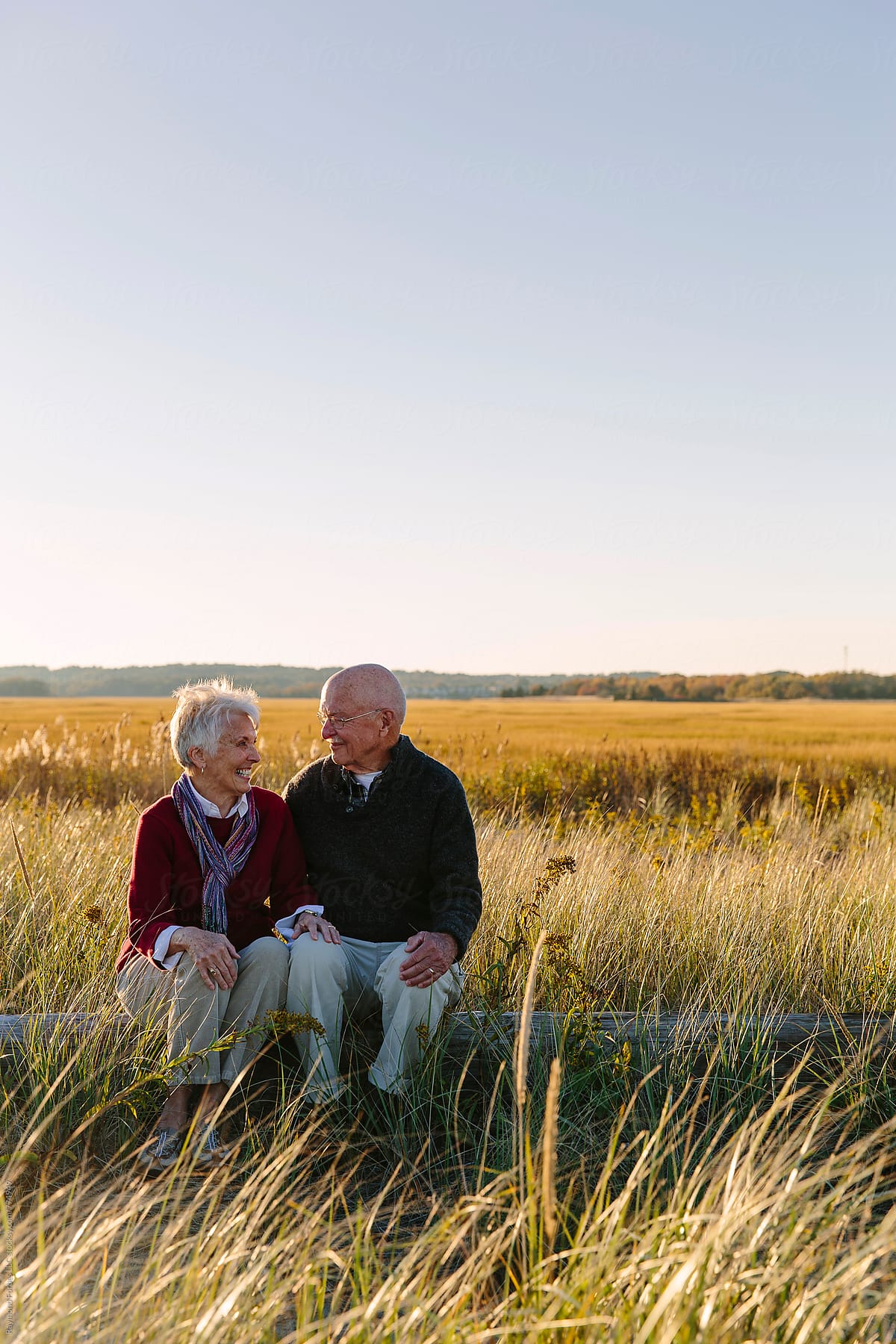 Senior couple Relaxing together by beach Grass