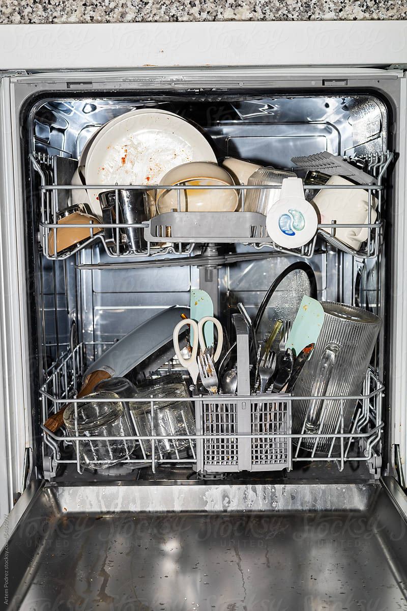 open dishwasher with dirty dishes. Before/After