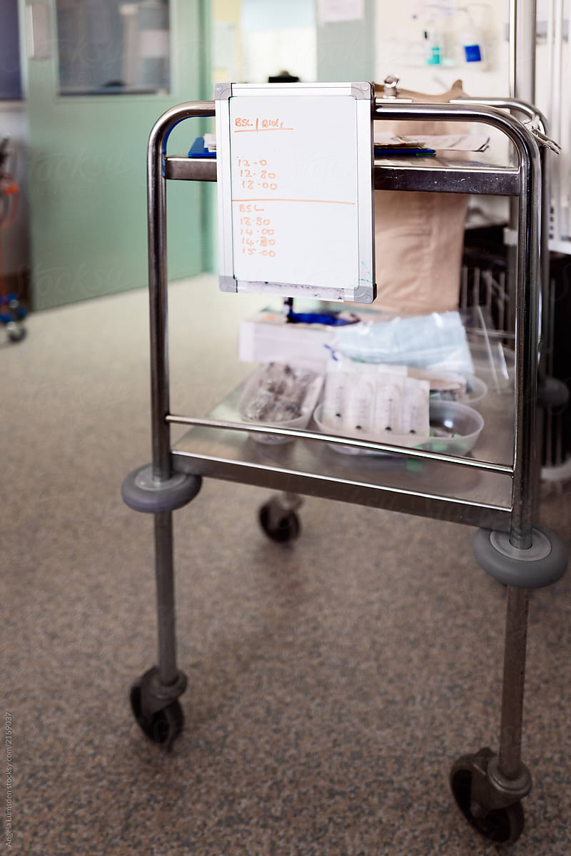 Trolley with equipment for blood collection in a hospital room
