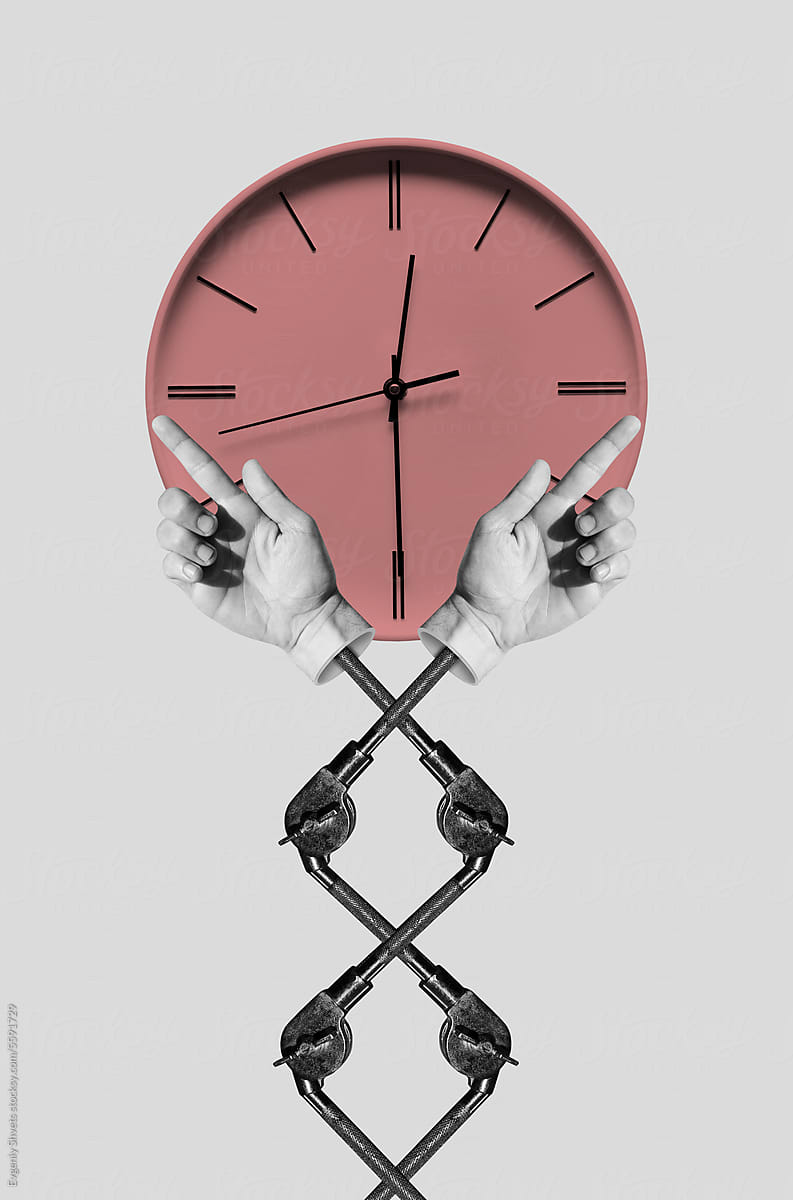 Collage with hands and clock on background