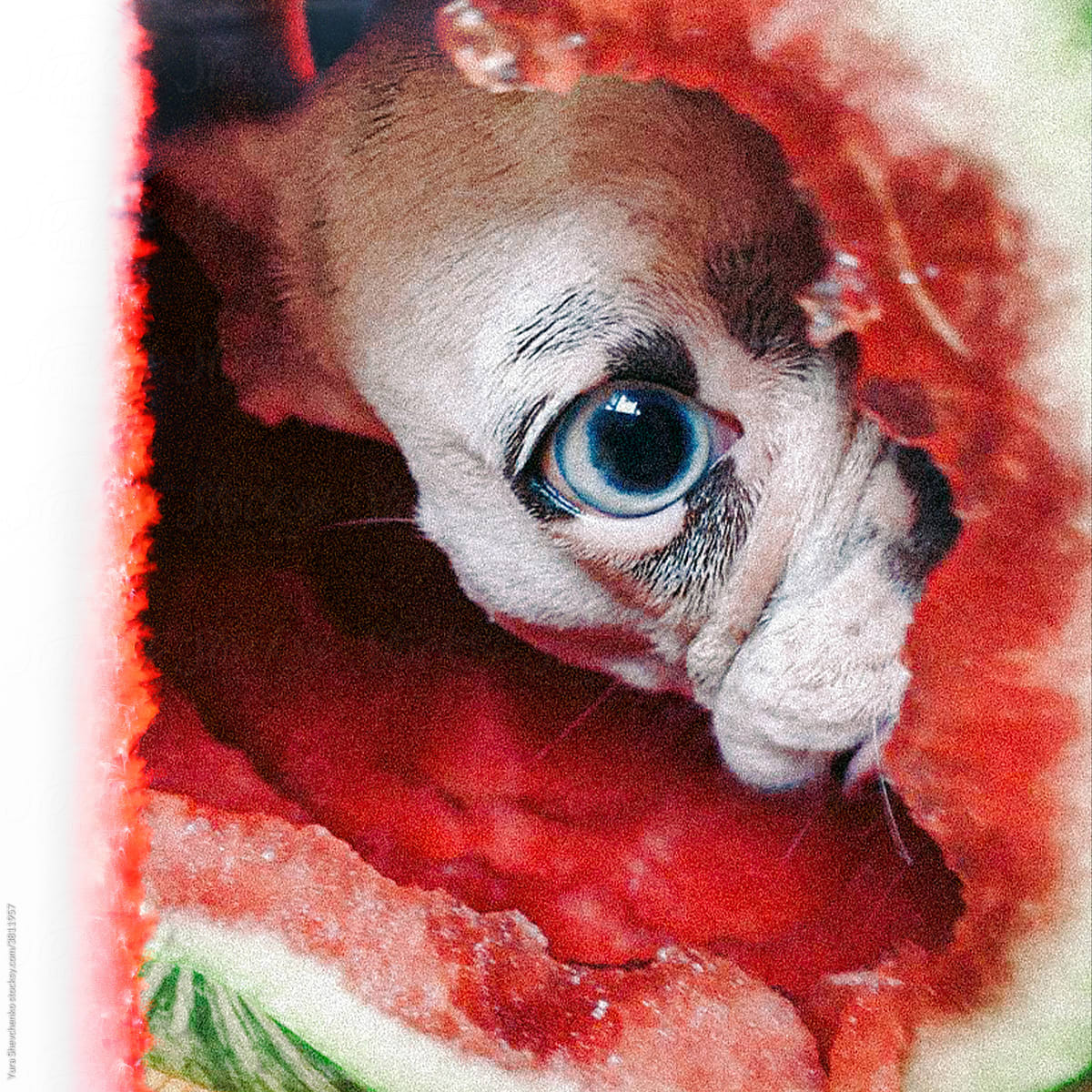 close up at the blue eyed french bulldog eating watermelon from inside.