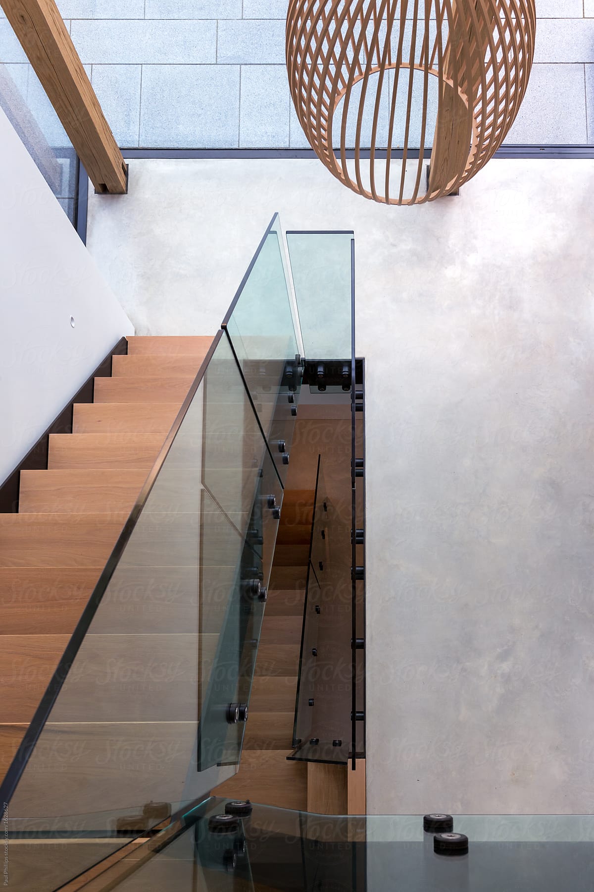Downward view of a contemporary stair case.