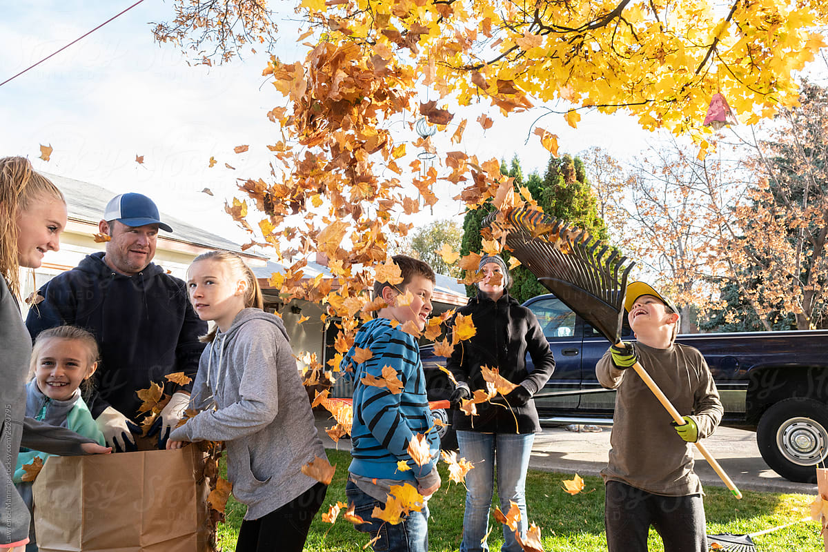 Leaves flying during volunteer autumn clean-up