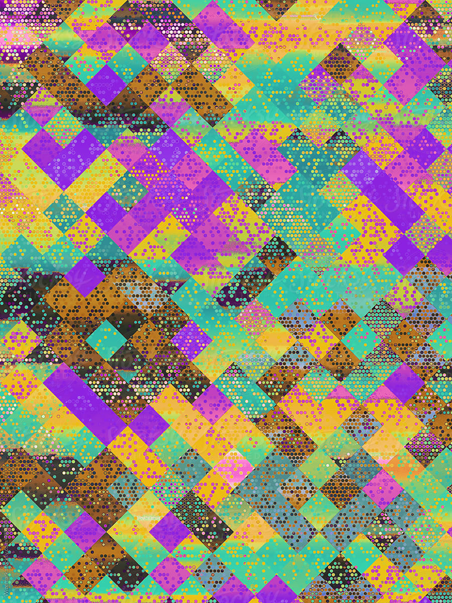 Colorful geometric glitch background with Earth-ish tones.