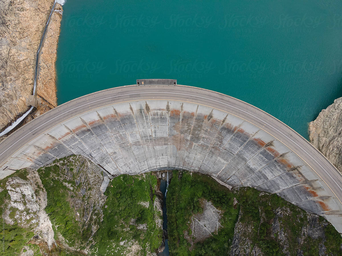 renewable energy, water dam from above, hydroelectricity