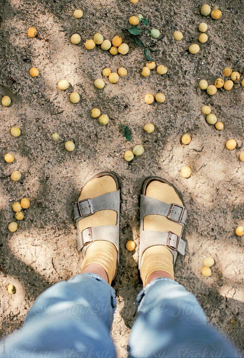 female feet on the sand with yellow plums