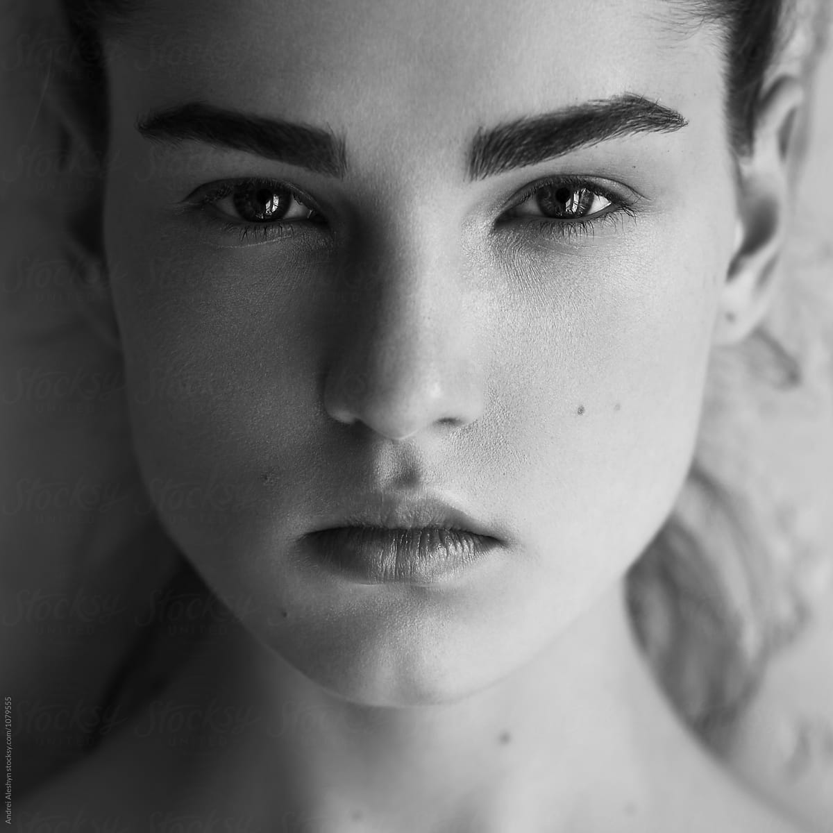 Black And White Portrait Of A Beautiful Young Girl Close Up By Andrei