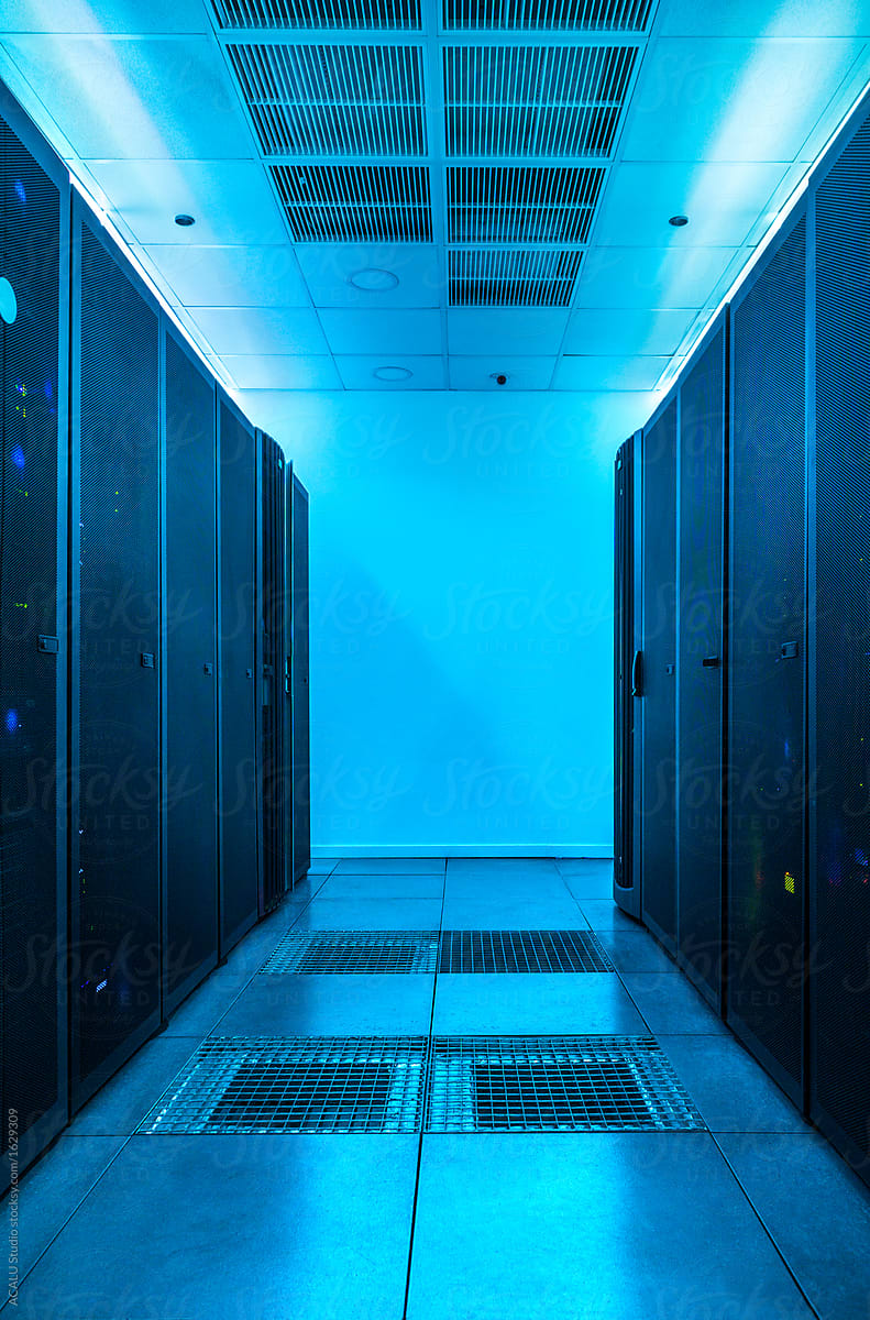 Server room with blue light in a data center