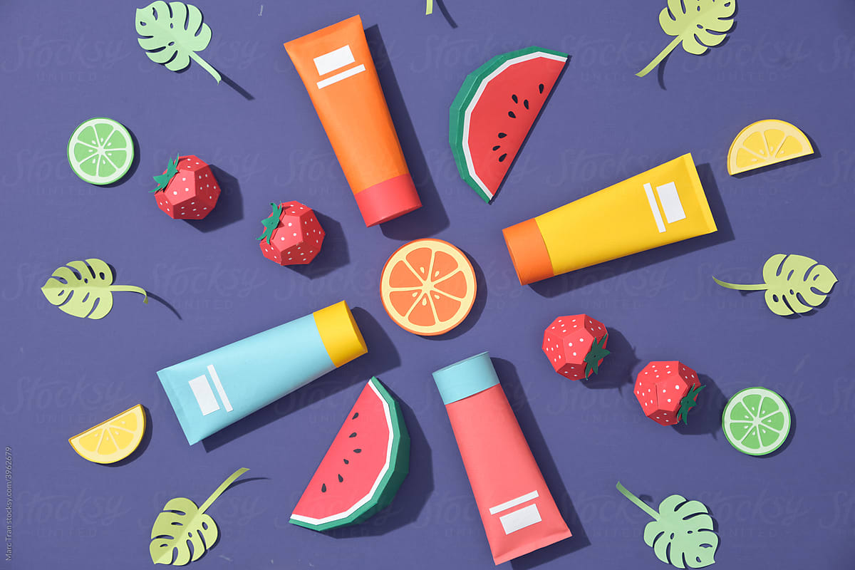Cosmetic tube containers with fresh fruits