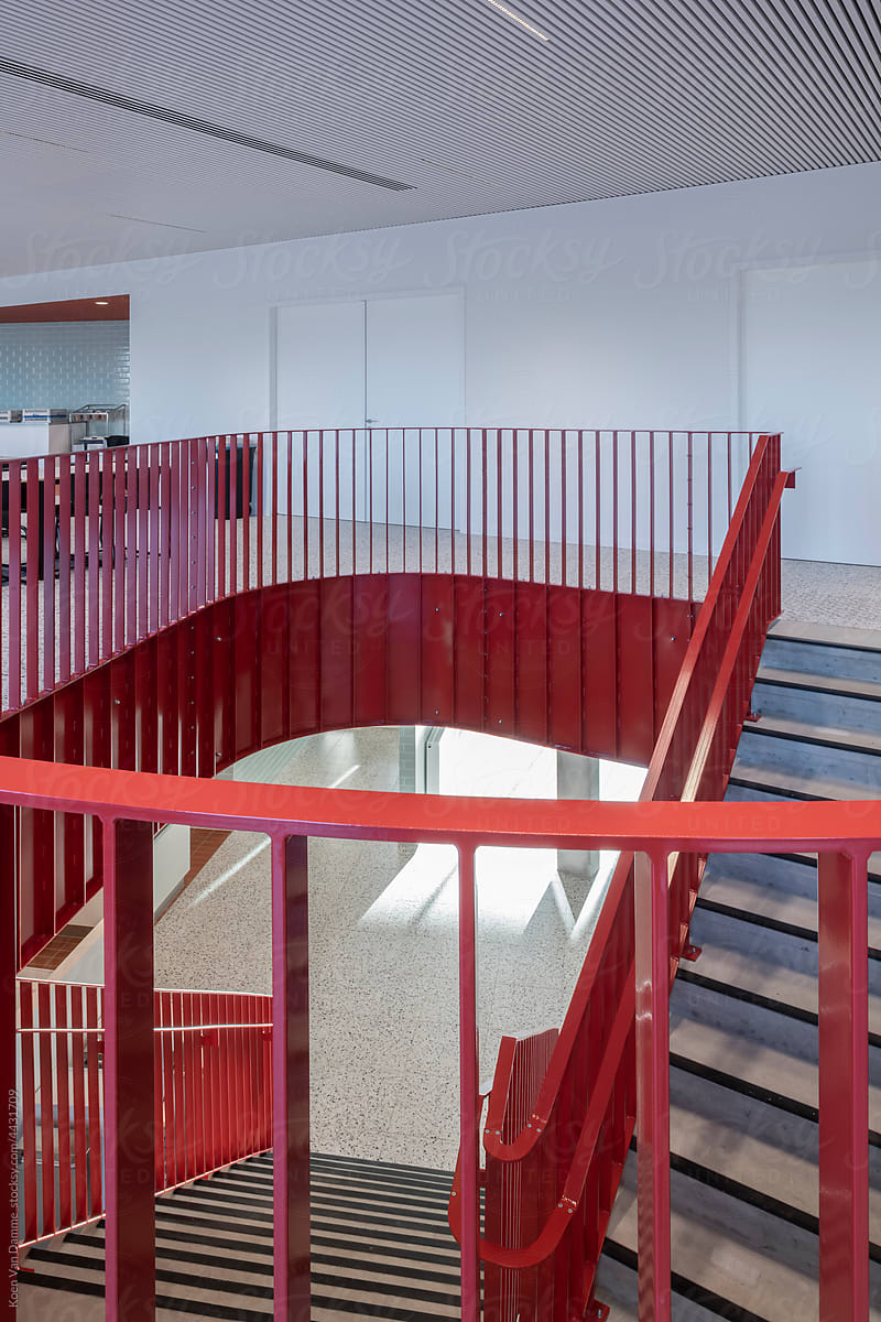 red banister of staircase