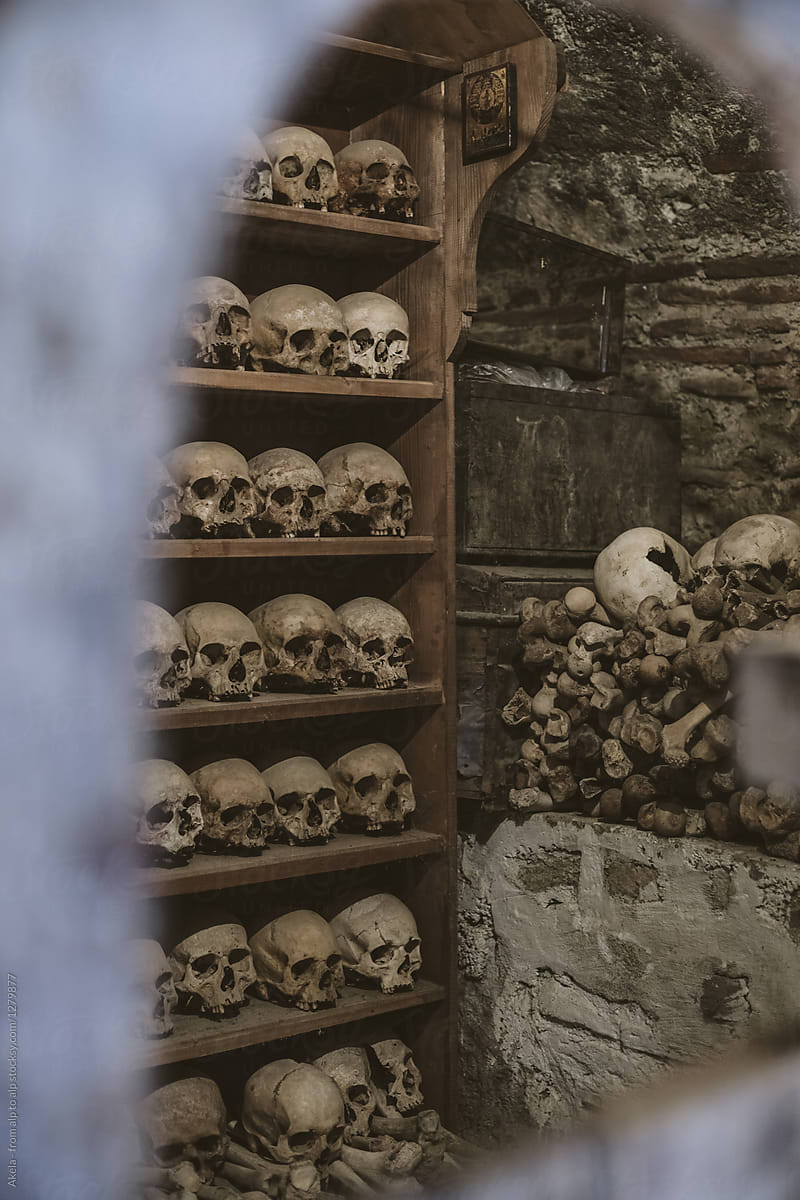 skulls and bones in orthodox tomb