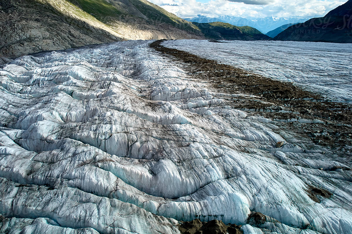 Ice of Aletsch Glacier, largest in Swiss Alps
