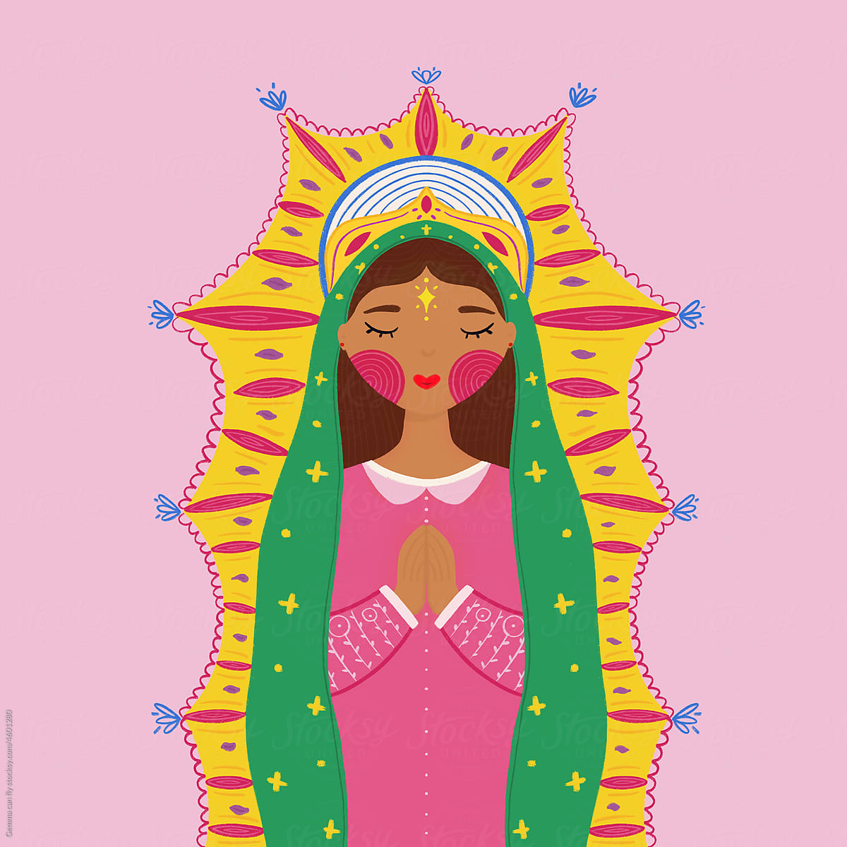 Virgin of Guadalupe, colorful minimal Mexico religious illustration