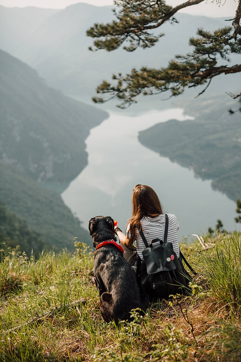 Woman And Dog Looking At The Lake