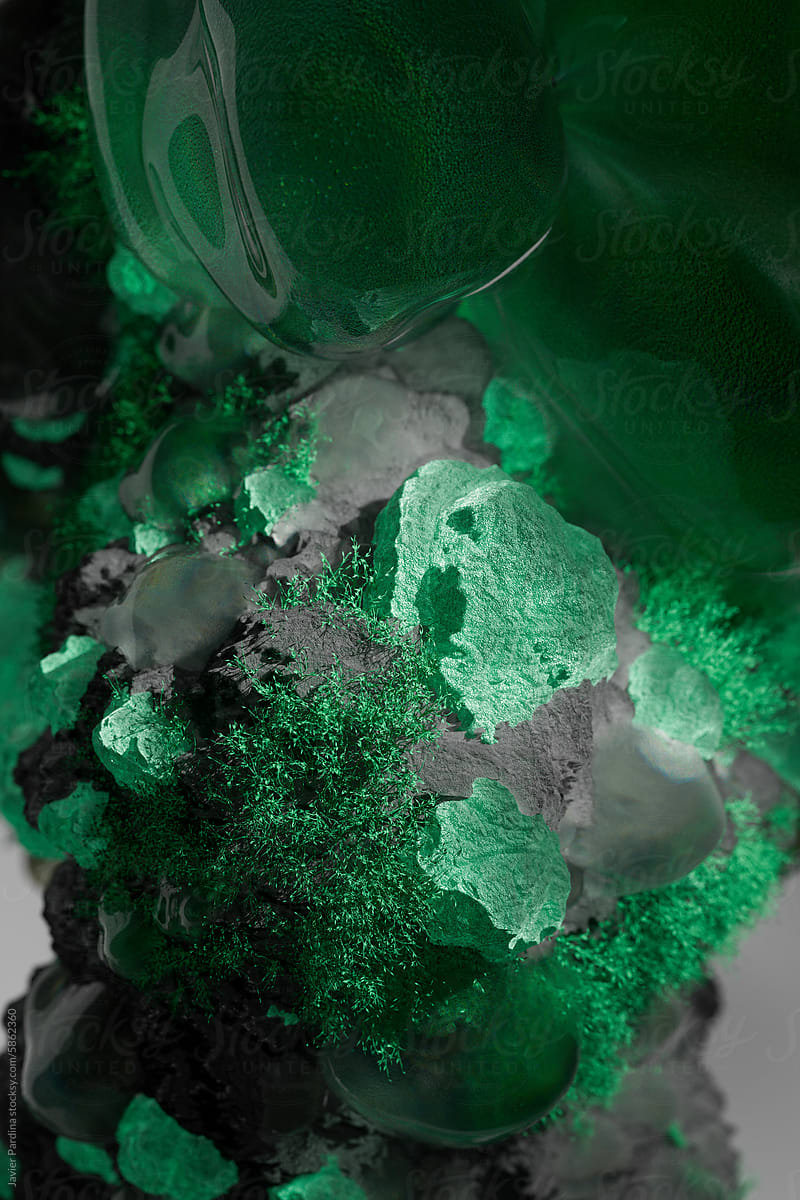 Colorful green minerals photographed in studio.