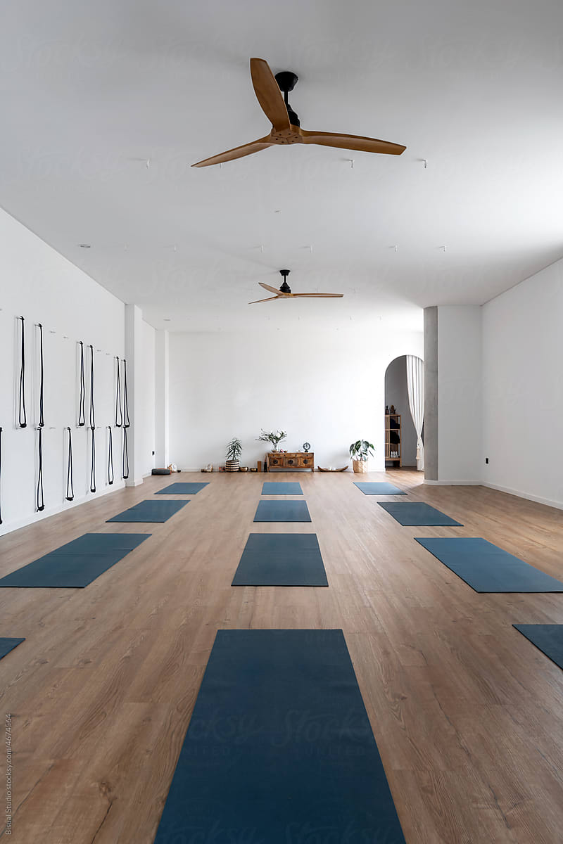 Spacious yoga studio with mats on the floor