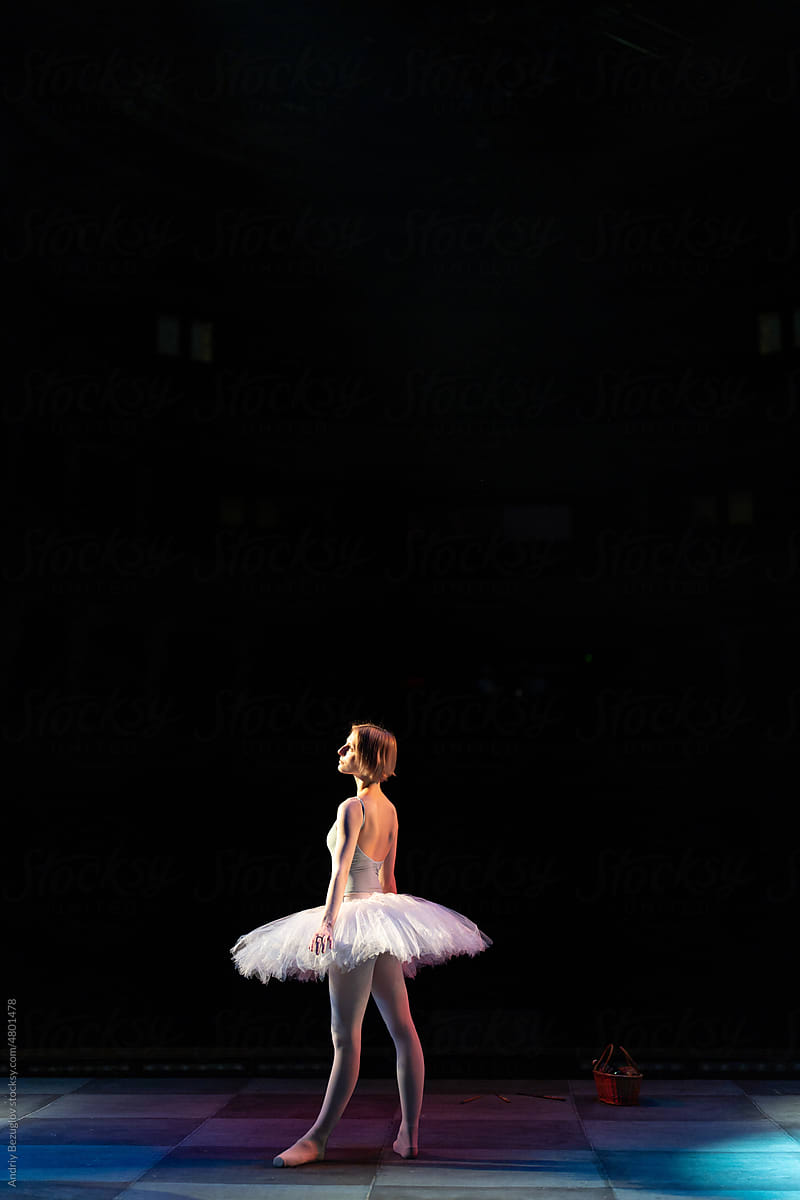Young ballerina posing in ballet costume standing alone