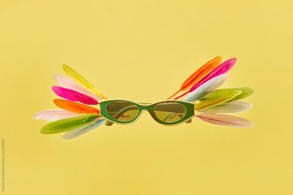 Stylish sunglasses with colorful feathers.