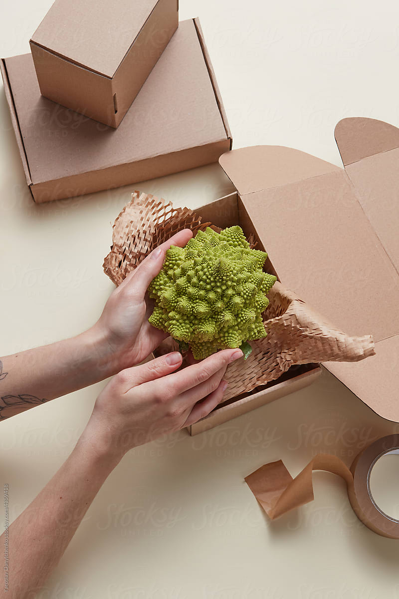 Woman's hands putting romanesco broccoli inside box