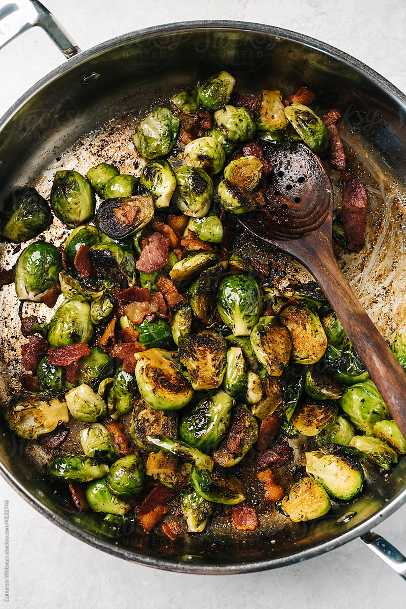 Cooking sauteed Brussels Sprouts and Bacon