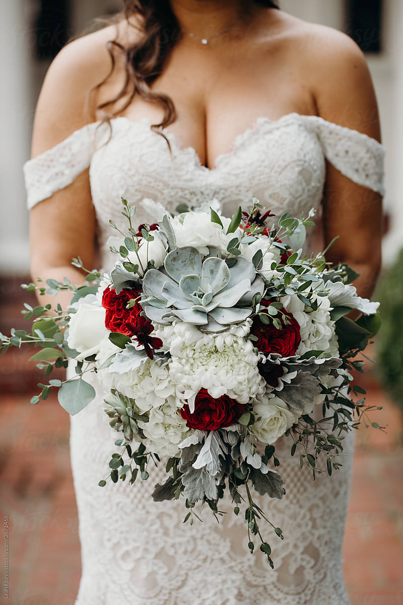 Closeup of Bride Holding Beautiful Bouquet