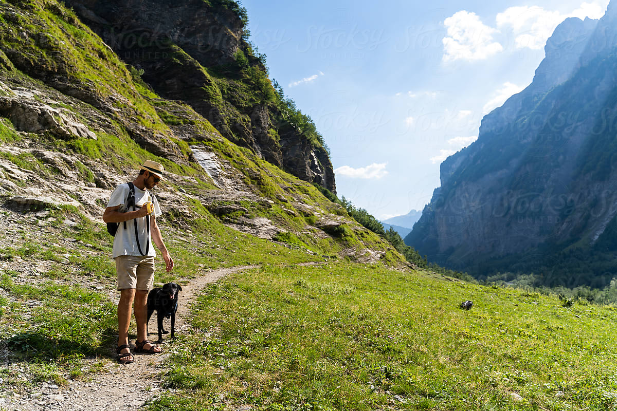 Hiker and dog in the mountain