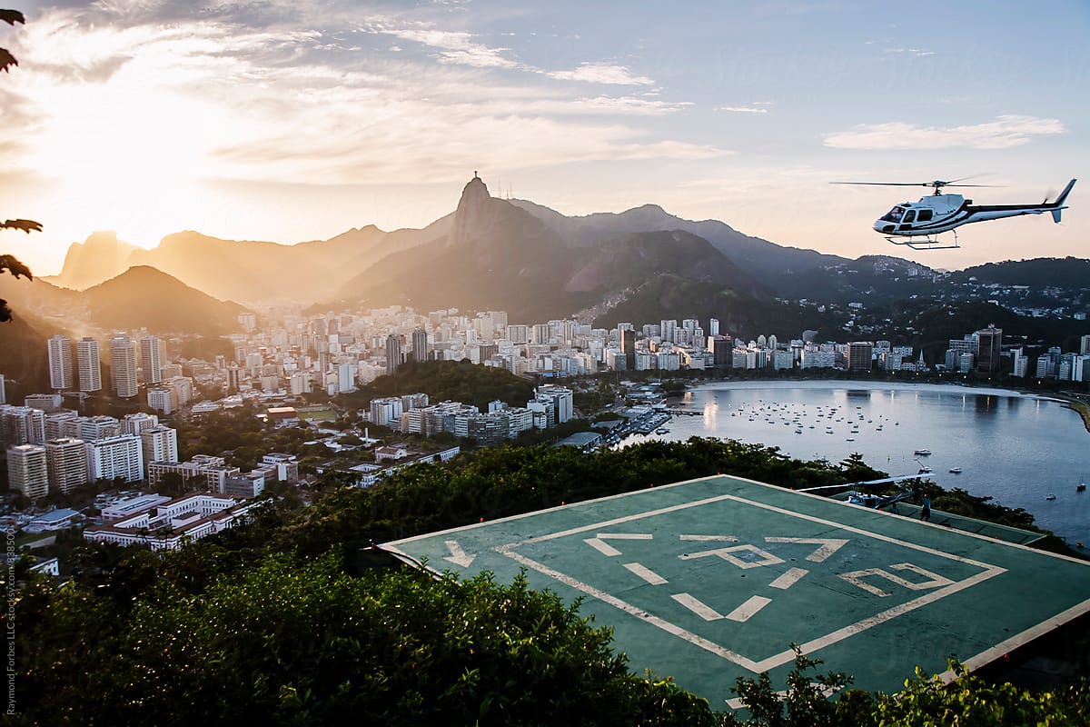 View of Downtown Rio De Janeiro skyline dusk  city with Helicopter