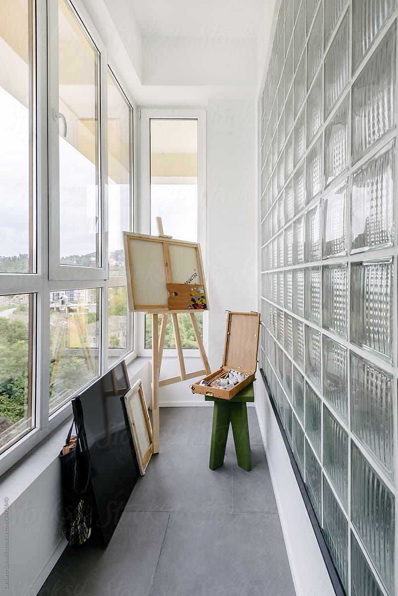 Artist\'s atelier in his flat with view over the mountains of Sochi