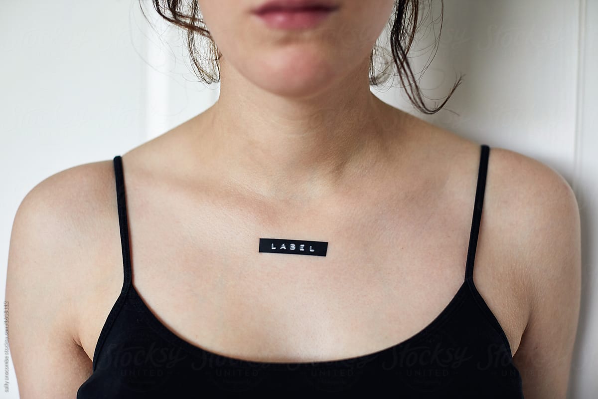 Woman with a label on her