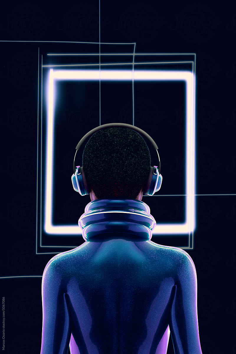 Anonymous Futuristic stylish black woman listening to music