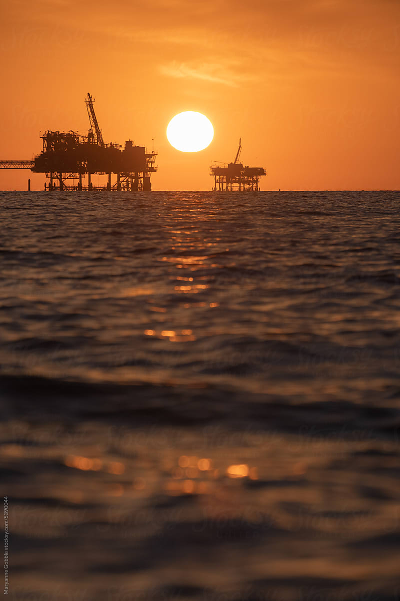 Oil Rigs on Alabama Coast at Sunset