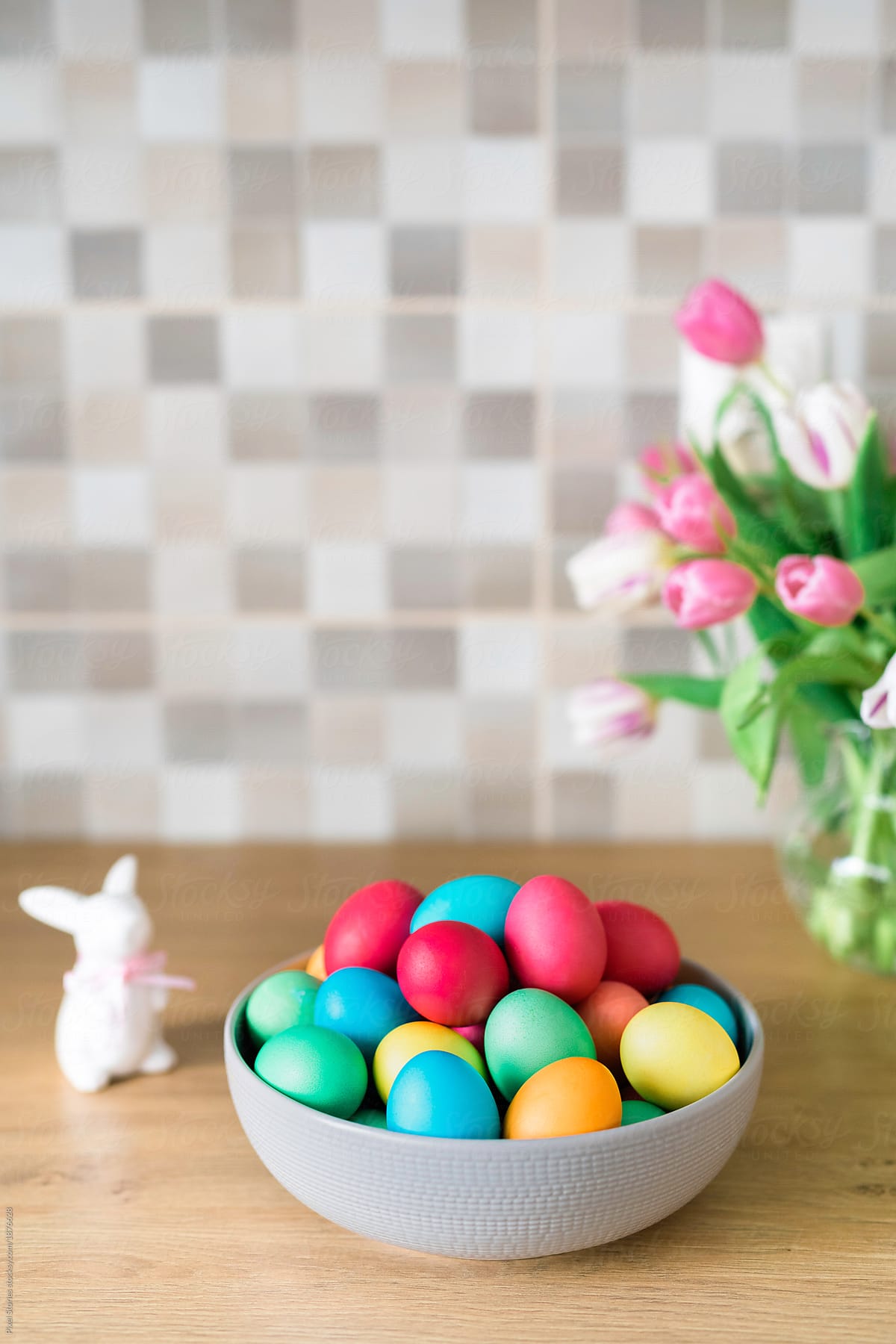 Colorful Easter eggs on kitchen counter