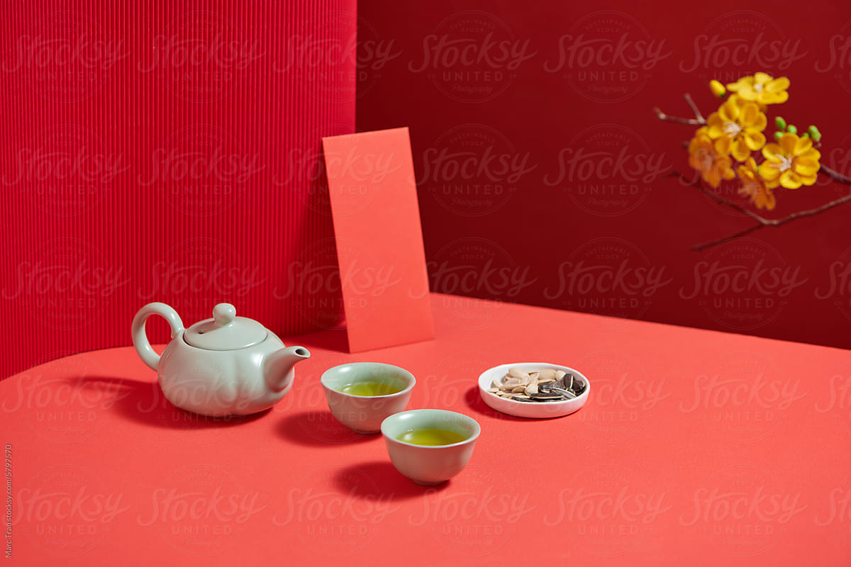 Tet holiday with hot tea and snacks. Lunar New Year composition
